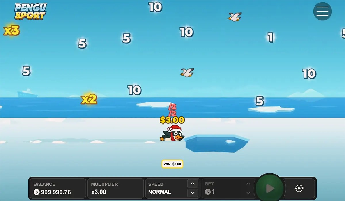 Screenshot of the Pengu Sport game showing a small penguin in a Santa hat on an icy platform, floating number targets and multipliers across the sky, and a bottom control panel with balance, multiplier, speed, bet, and a play button.