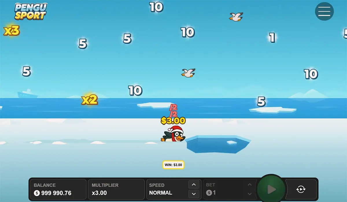 Screenshot of the Pengu Sport game showing a small penguin in a Santa hat on an icy platform, floating number targets and multipliers across the sky, and a bottom control panel with balance, multiplier, speed, bet, and a play button.