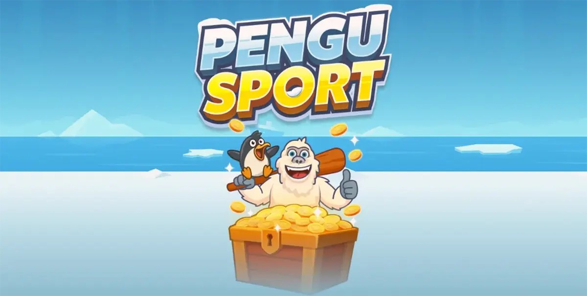 Pengu Sport title screen showing the “PENGU SPORT” logo above a cartoon yeti giving a thumbs-up while holding a penguin on a bat, with gold coins and a treasure chest overflowing with coins on an icy sea background.