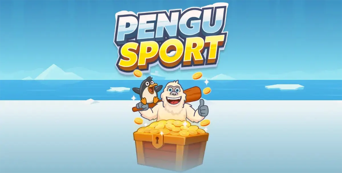 Pengu Sport title screen showing the “PENGU SPORT” logo above a cartoon yeti giving a thumbs-up while holding a penguin on a bat, with gold coins and a treasure chest overflowing with coins on an icy sea background.